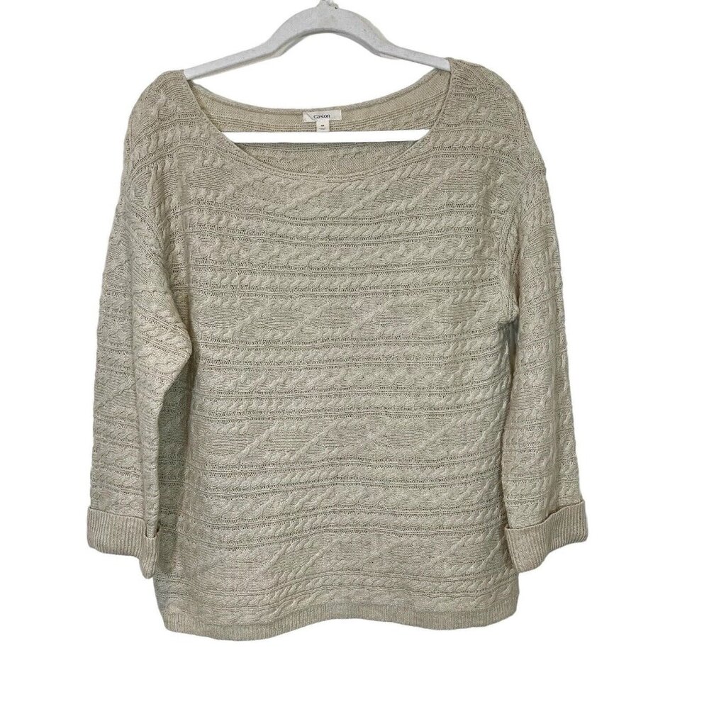 Caslon Sweater M Wool Blend Cable Open Knit Beige Boat Neck Pullover Size Medium